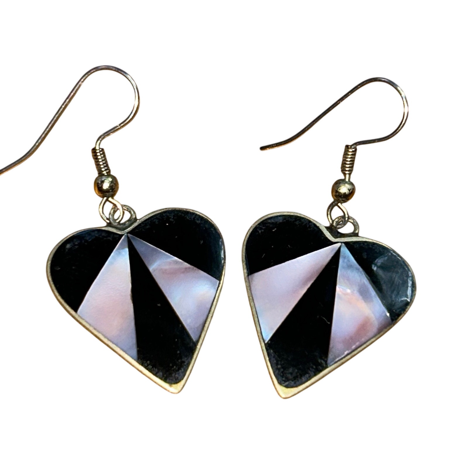 Vintage Alpaca Mexico Inlay Heart Earrings Onyx And Mother-Of-Pearl